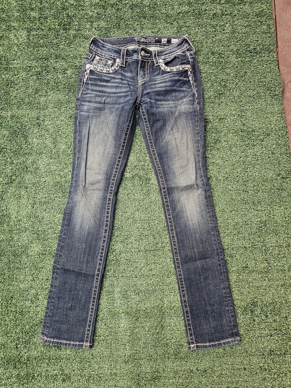 Miss Me Blue Mid Rise Straight Leg Jeans with Embellished Pockets